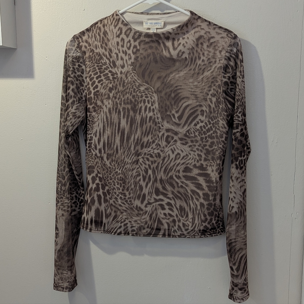 Animal Print Long Sleeve Top, Lined, Sheer Sleeves, New, L